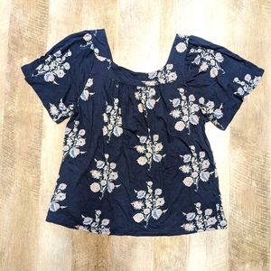 Lucky Brand Navy Blue Square Neck Top Floral Print Women's Size Large